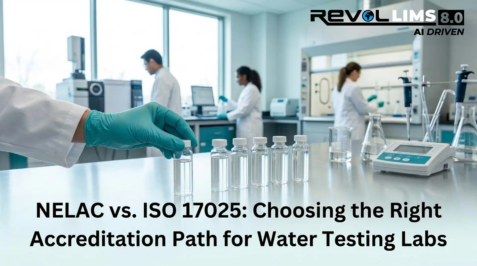 Modern water testing laboratory with scientists handling samples and laboratory equipment, featuring the title “NELAC vs. ISO 17025: Choosing the Right Accreditation Path for Water Testing Labs